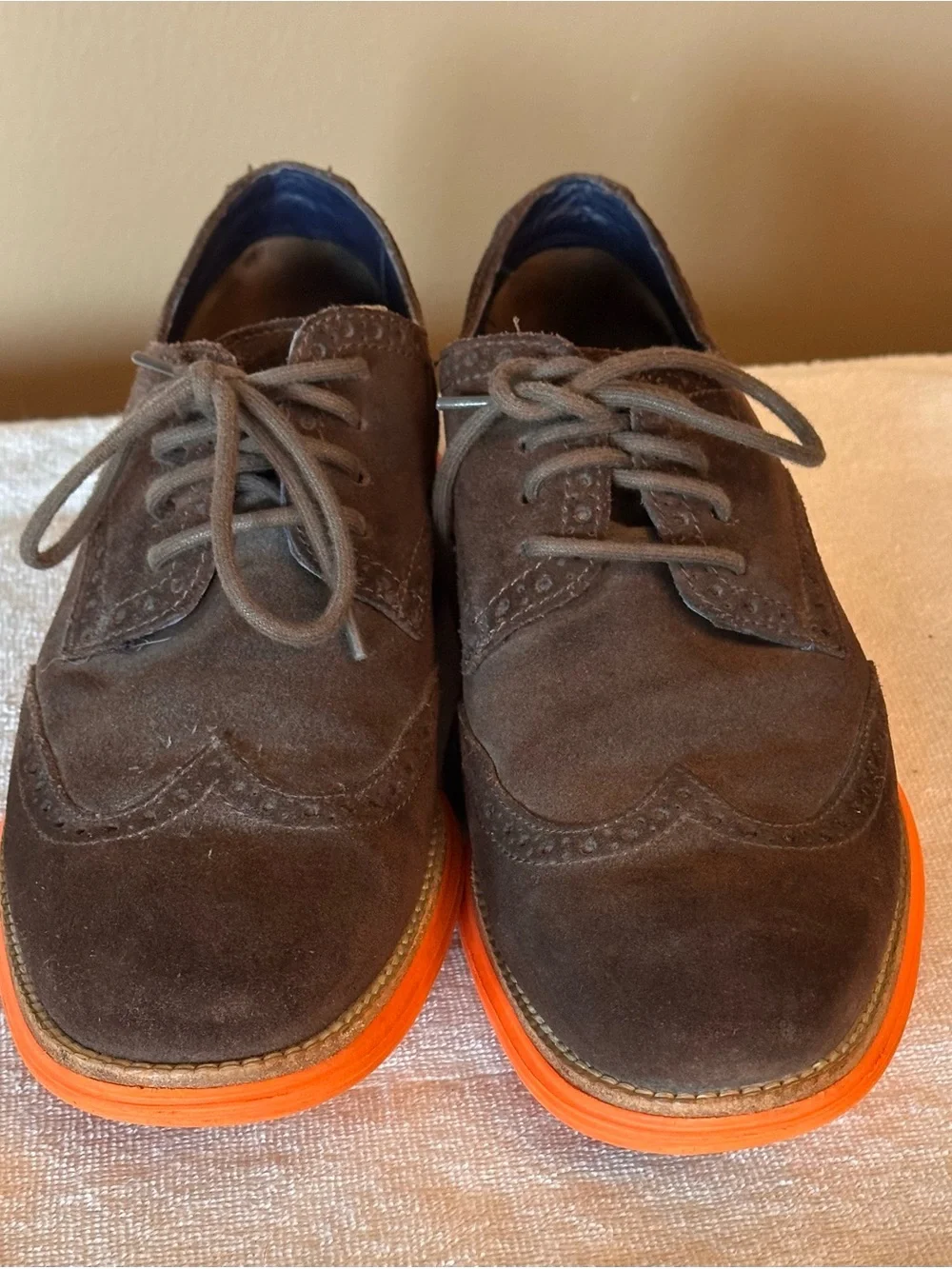 Cole Haan LunarGrand Suede Wingtip Oxford Shoes Brown Orange Sole Men’s Size 9.5